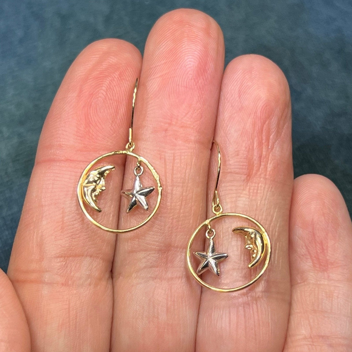 14k Yellow + White Gold Crescent "Man in the Moon" + Star Circle Earrings