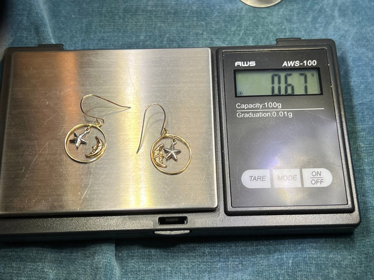 14k Yellow + White Gold Crescent "Man in the Moon" + Star Circle Earrings
