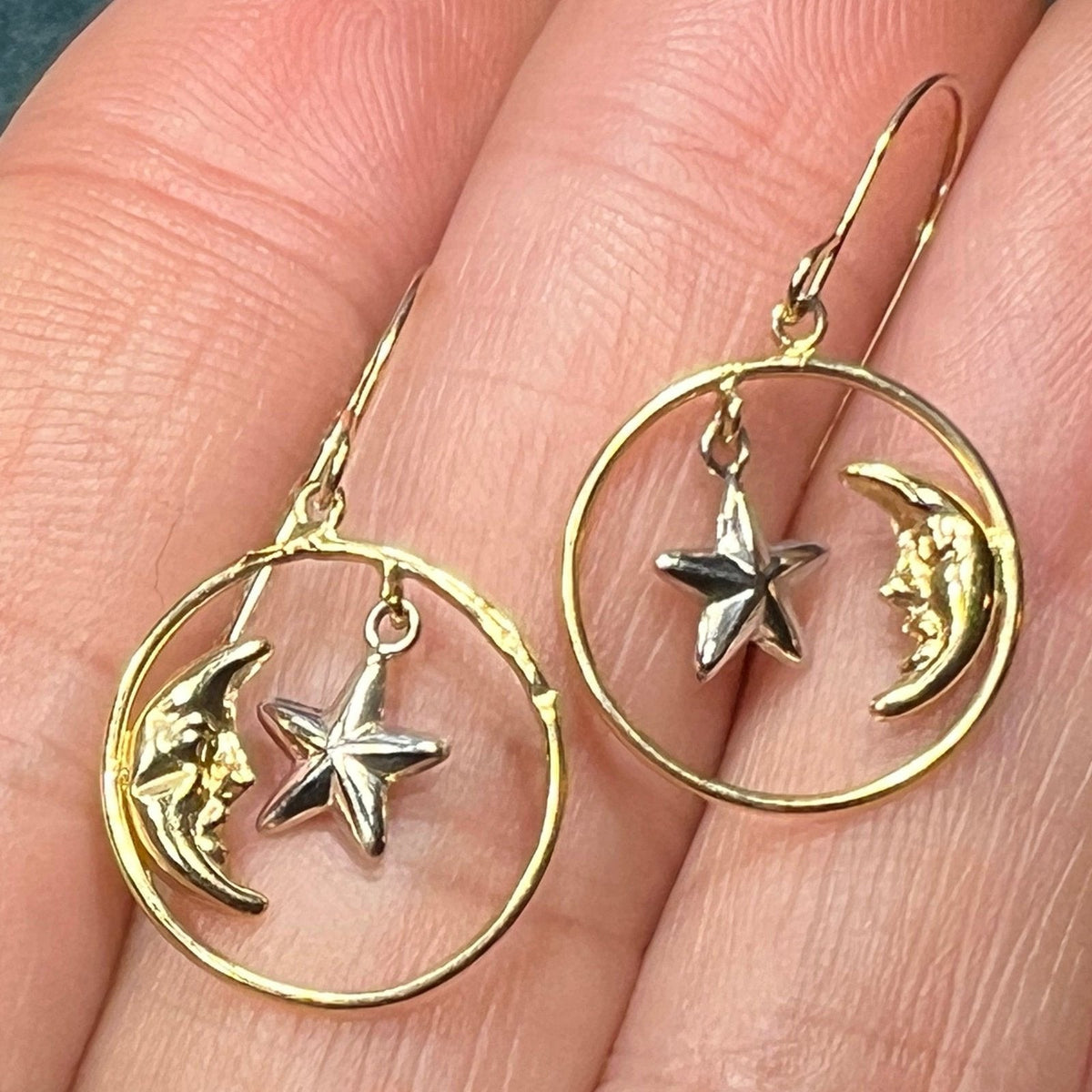 14k Yellow + White Gold Crescent "Man in the Moon" + Star Circle Earrings