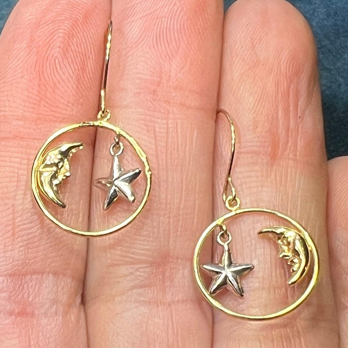 14k Yellow + White Gold Crescent "Man in the Moon" + Star Circle Earrings