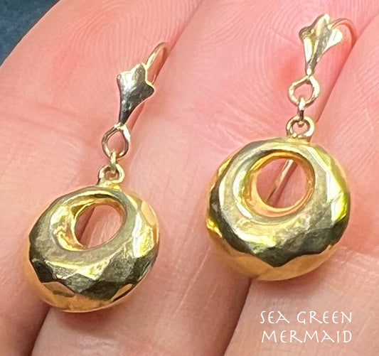 14k Earwire + 9k-10k Yellow Gold Antique Faceted Circle Drop Earrings