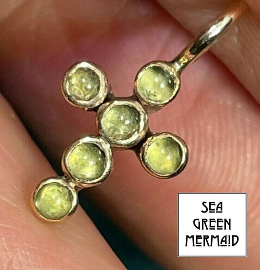 14k Genuine Peridot Cabochon Cross Pendant. Bezel-Set. TINY!! _b50_10_20