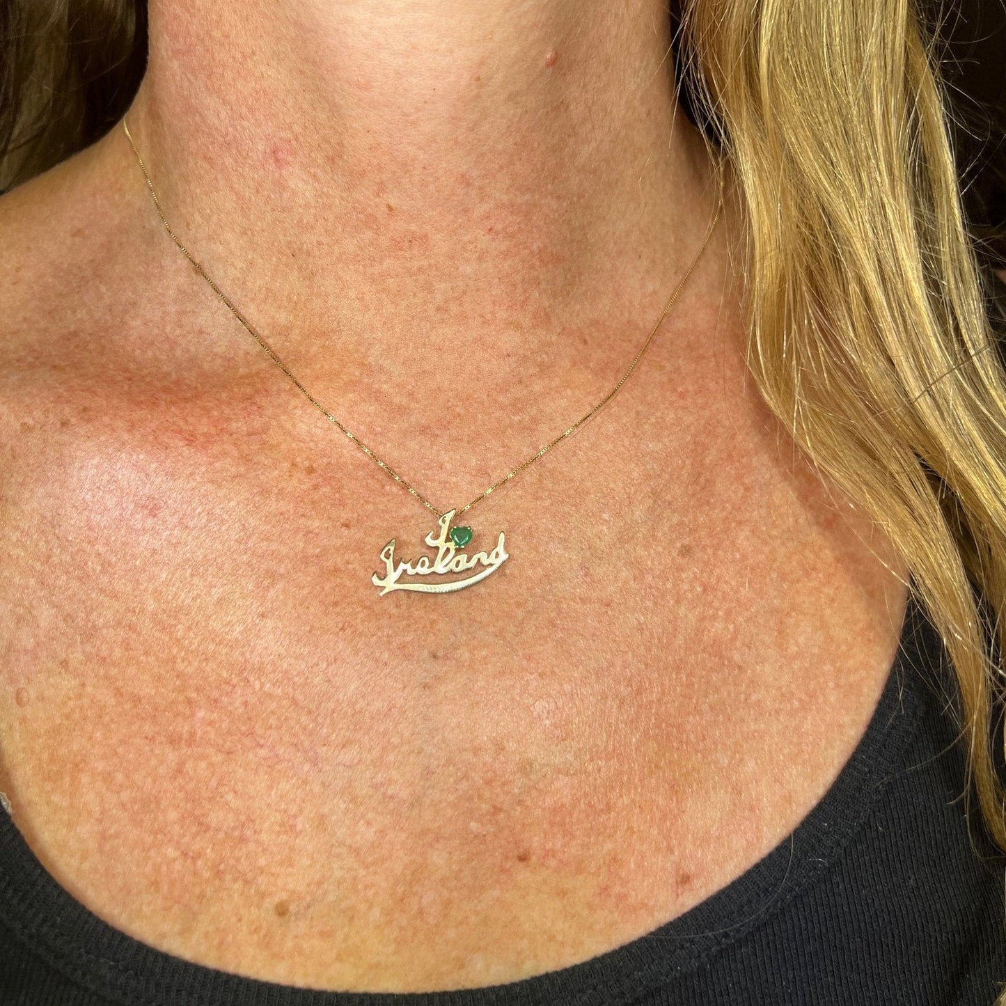 14k Gold 0.45 Ct Emerald Heart *I Love Ireland* Pendant. "Irish Made"