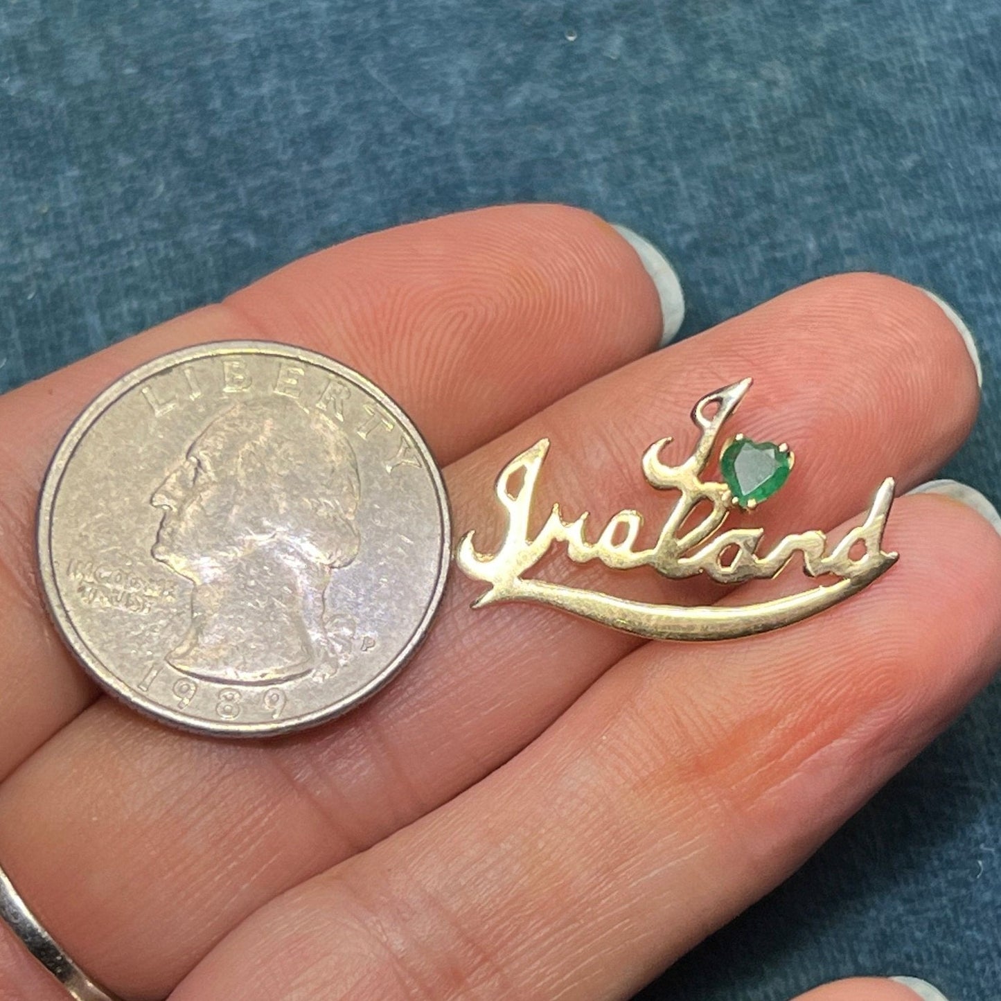 14k Gold 0.45 Ct Emerald Heart *I Love Ireland* Pendant. "Irish Made"