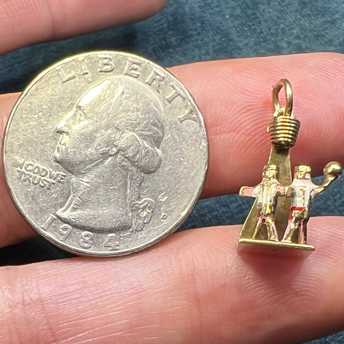 14k Gold 2 Tiny Basketball Players + Hoop Pendant. Enamel