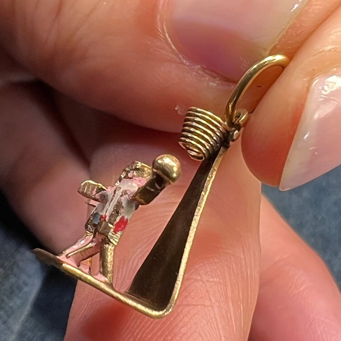 14k Gold 2 Tiny Basketball Players + Hoop Pendant. Enamel