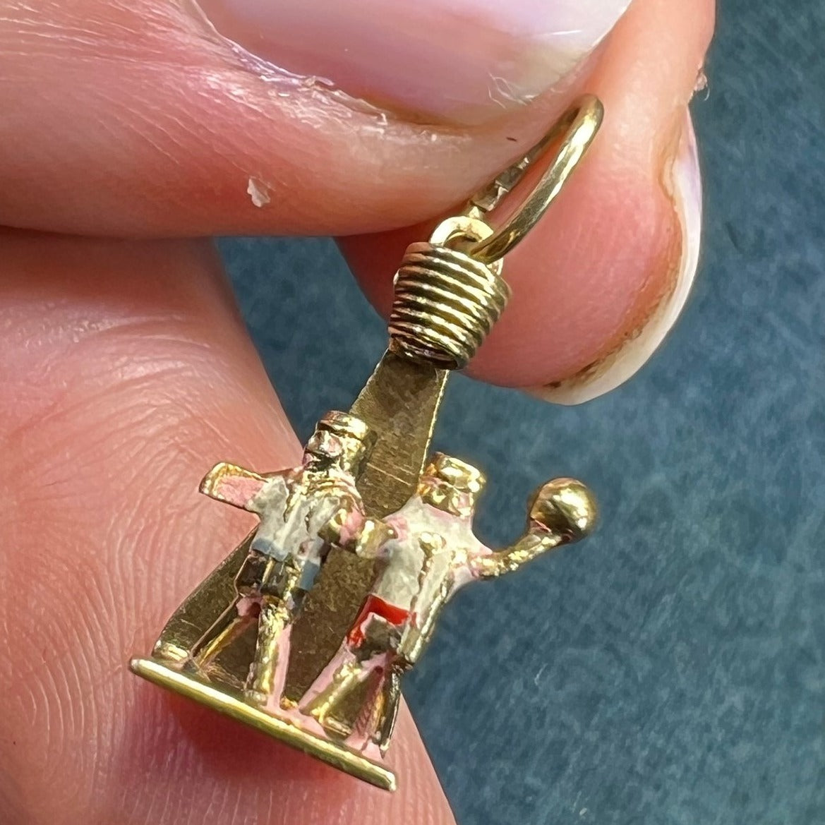 14k Gold 2 Tiny Basketball Players + Hoop Pendant. Enamel