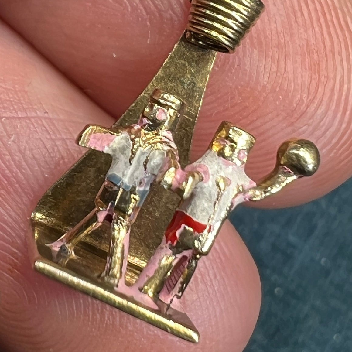 14k Gold 2 Tiny Basketball Players + Hoop Pendant. Enamel