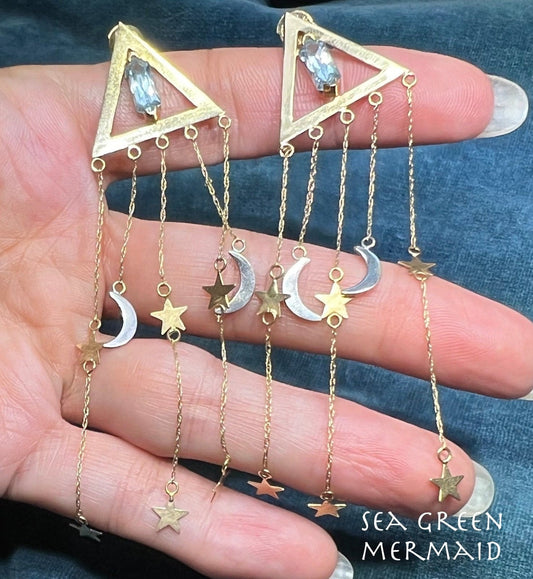 14k Gold 3.5" Aqua Earrings w Dangle Crescent Moon & Stars 7g