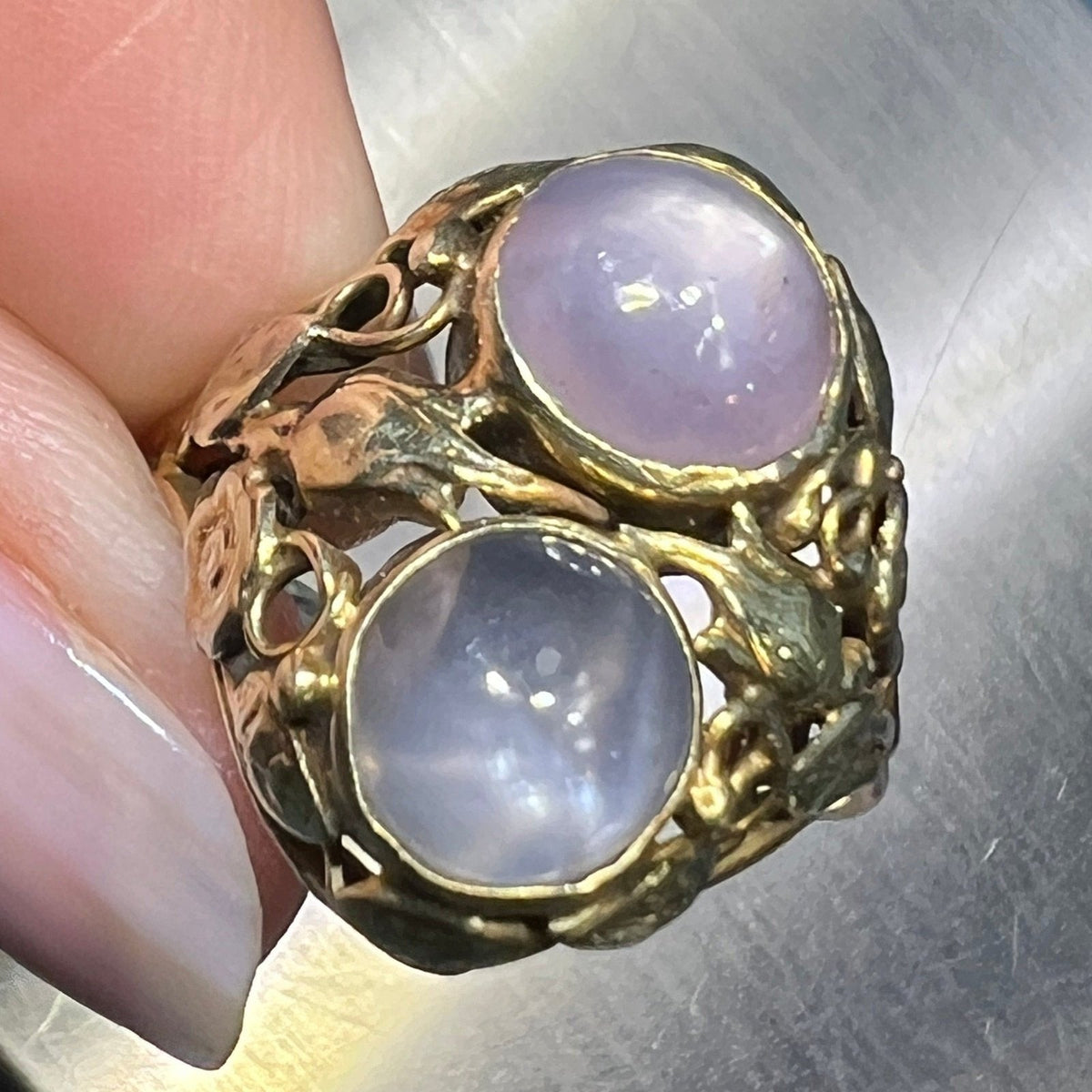 14k Gold 5 TCW Lavender + Gray DOUBLE Star Sapphire Filigree Ring *Video*