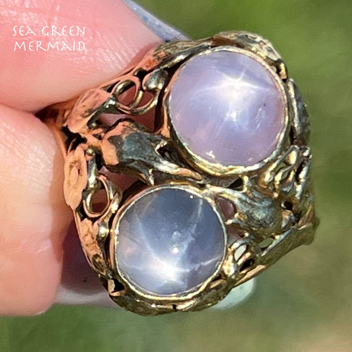 14k Gold 5 TCW Lavender + Gray DOUBLE Star Sapphire Filigree Ring *Video*