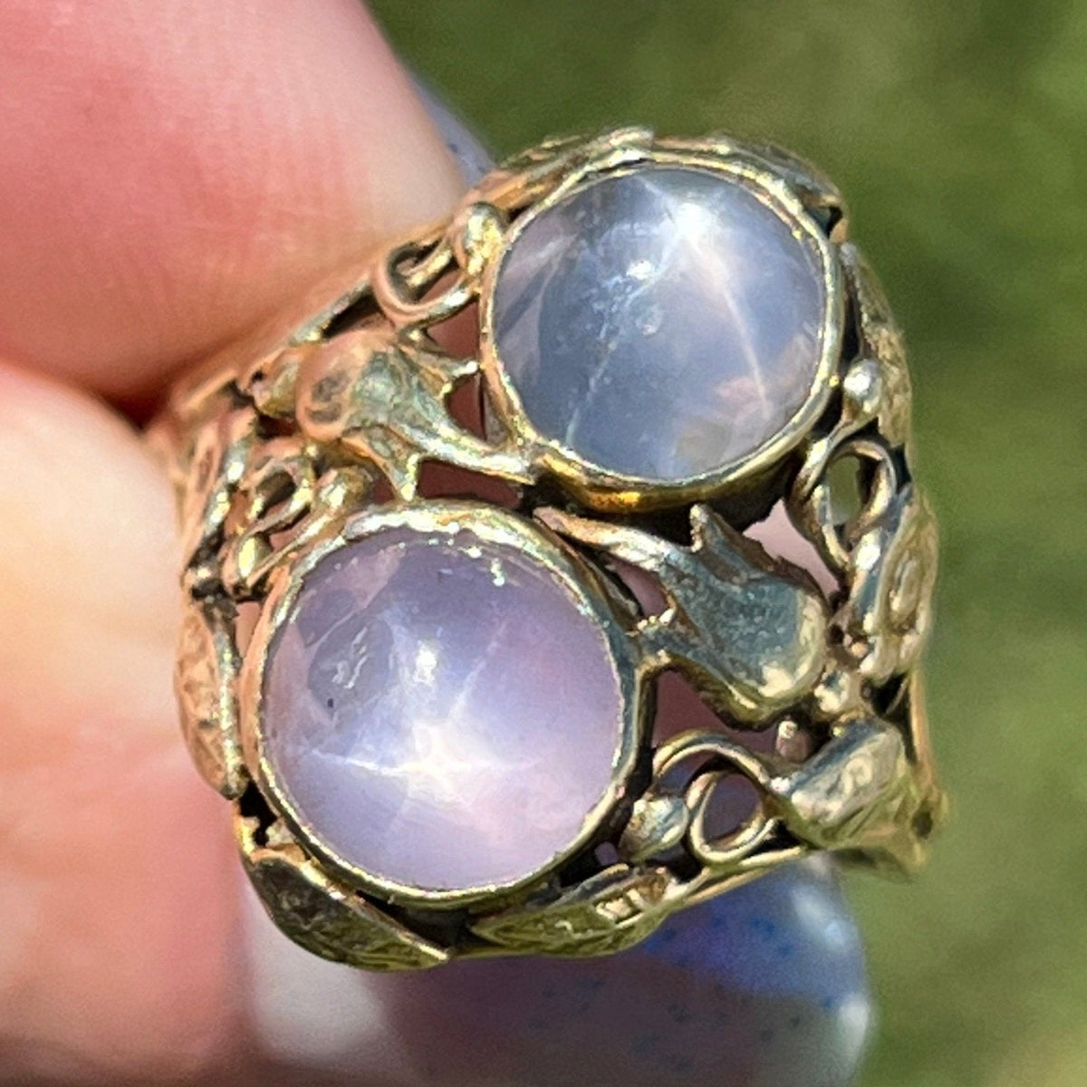 14k Gold 5 TCW Lavender + Gray DOUBLE Star Sapphire Filigree Ring *Video*