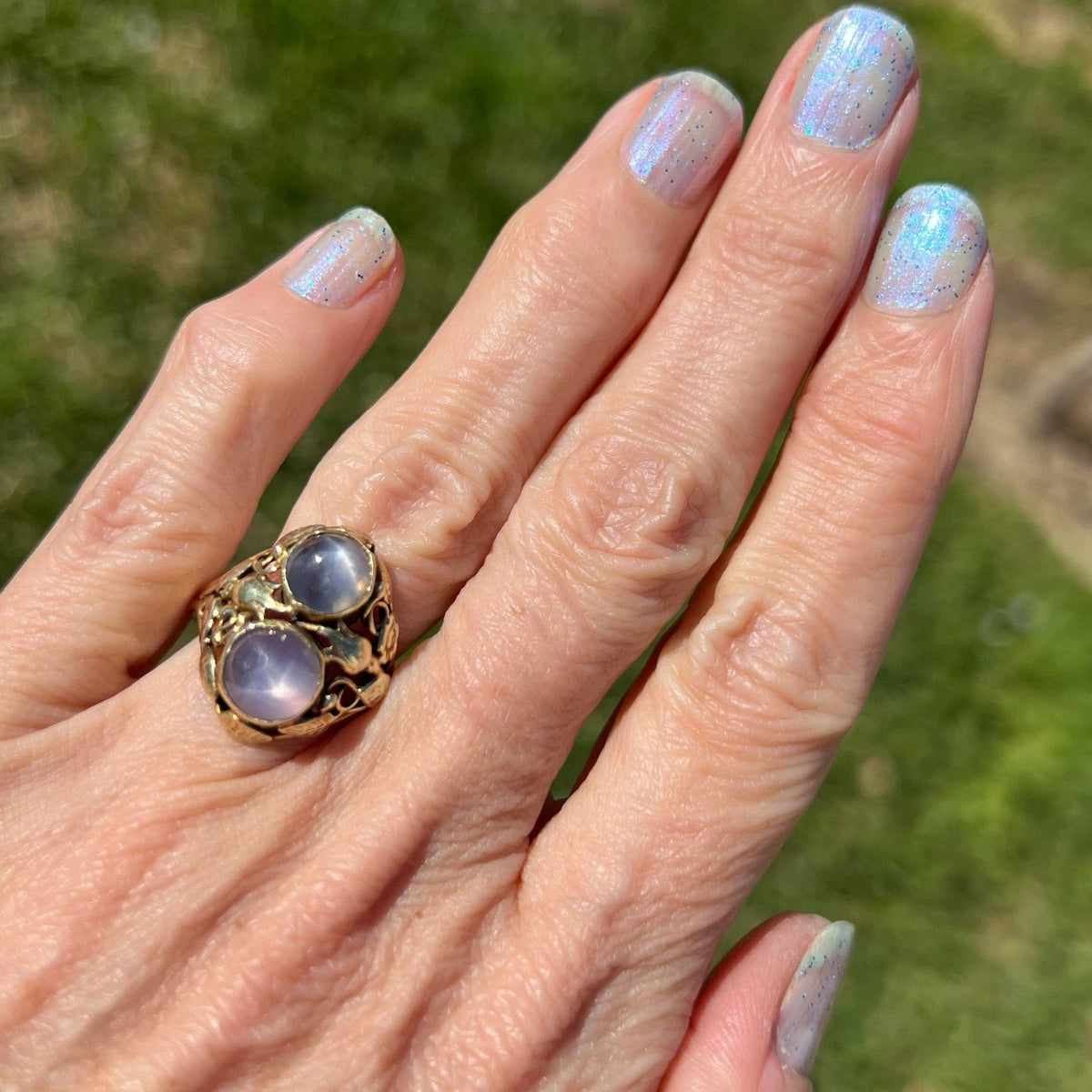 14k Gold 5 TCW Lavender + Gray DOUBLE Star Sapphire Filigree Ring *Video*