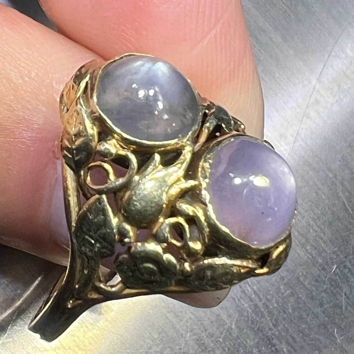 14k Gold 5 TCW Lavender + Gray DOUBLE Star Sapphire Filigree Ring *Video*