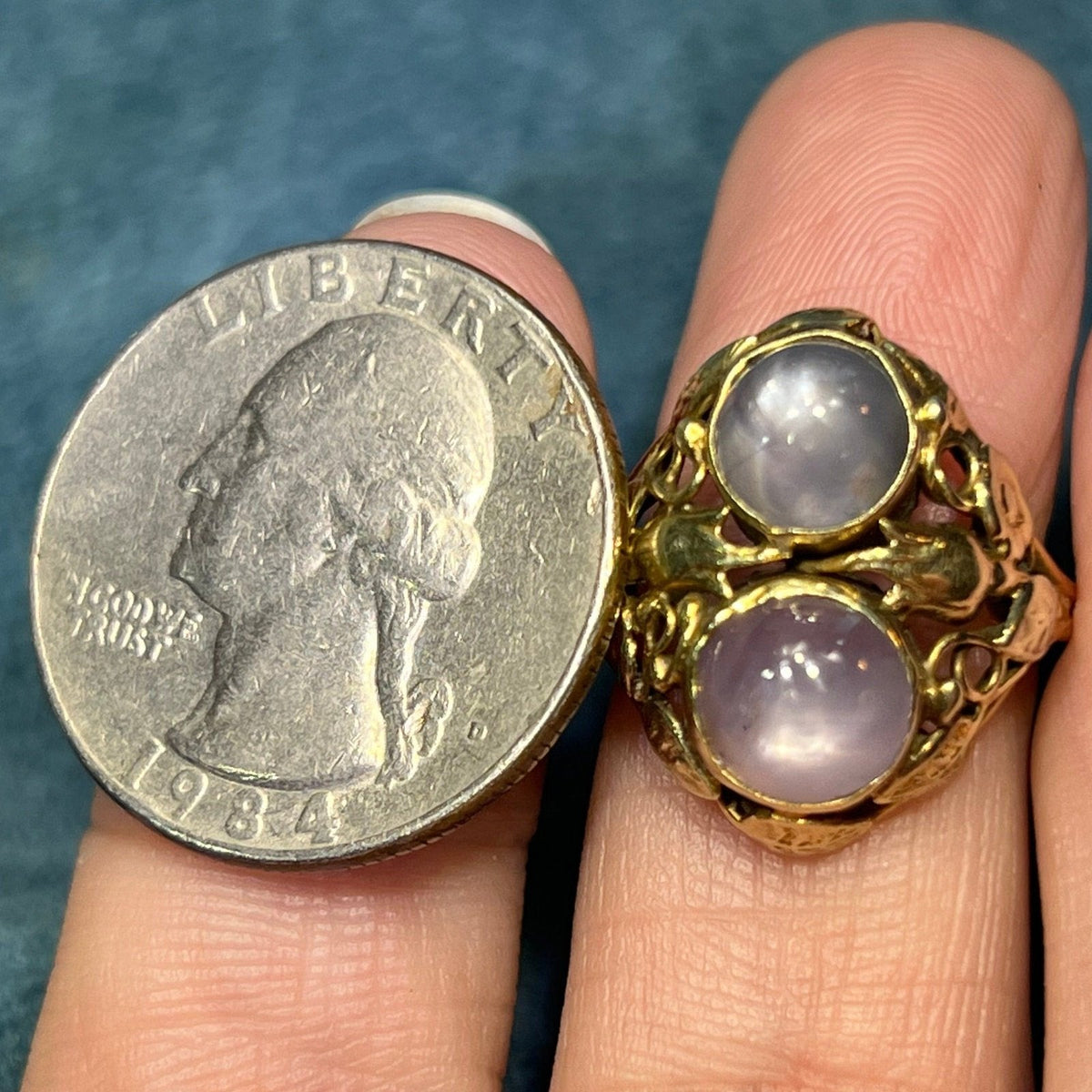 14k Gold 5 TCW Lavender + Gray DOUBLE Star Sapphire Filigree Ring *Video*