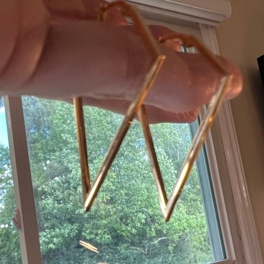 14k Gold Angled Geometric Diamond Shape Edgy Hoop Earrings. 2"