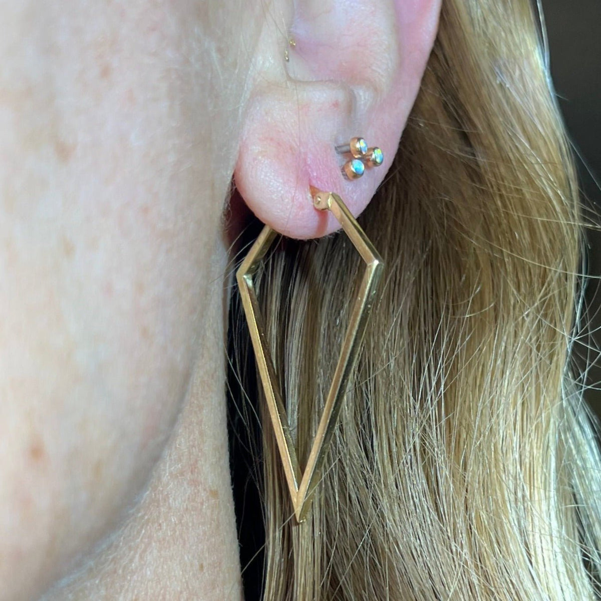 14k Gold Angled Geometric Diamond Shape Edgy Hoop Earrings. 2"
