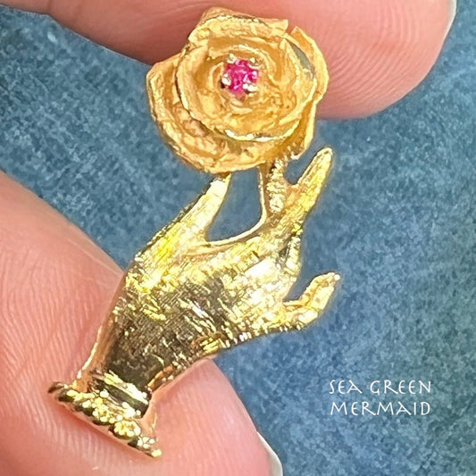 14k Gold Antique HAND Holding Blooming Ruby Rose Pendant