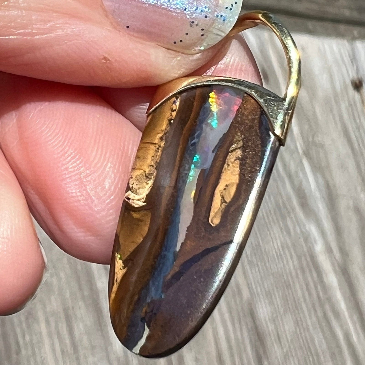 14k Gold Australian Jelly Boulder Opal Baton Pendant **Video**