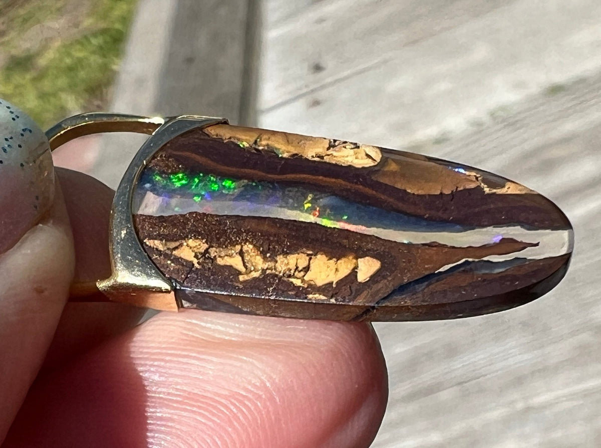 14k Gold Australian Jelly Boulder Opal Baton Pendant **Video**