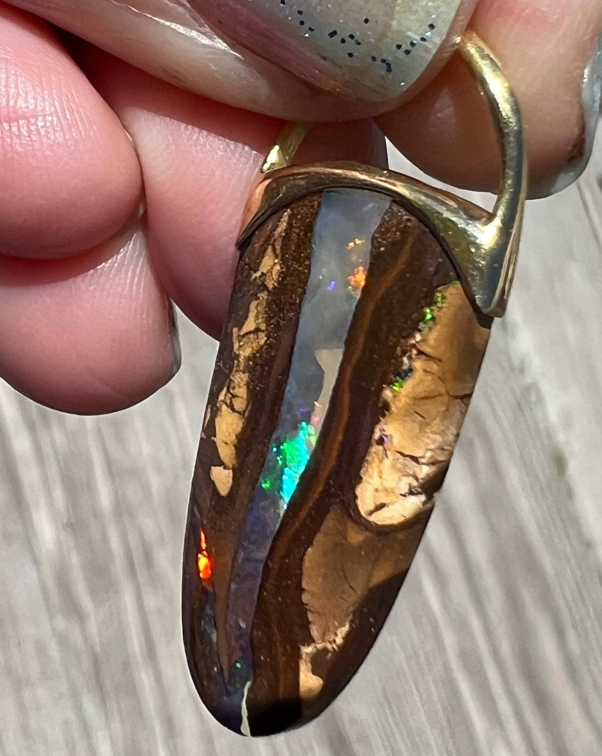 14k Gold Australian Jelly Boulder Opal Baton Pendant **Video**