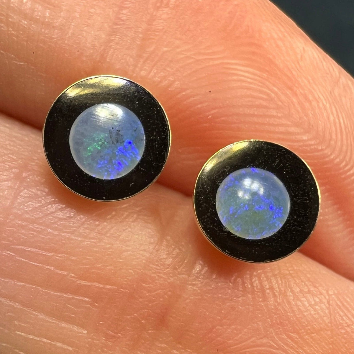 14k Gold Australian Opal Full MOON in Onyx Lunar Earrings **Video**