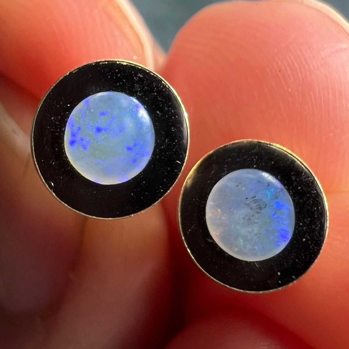 14k Gold Australian Opal Full MOON in Onyx Lunar Earrings **Video**