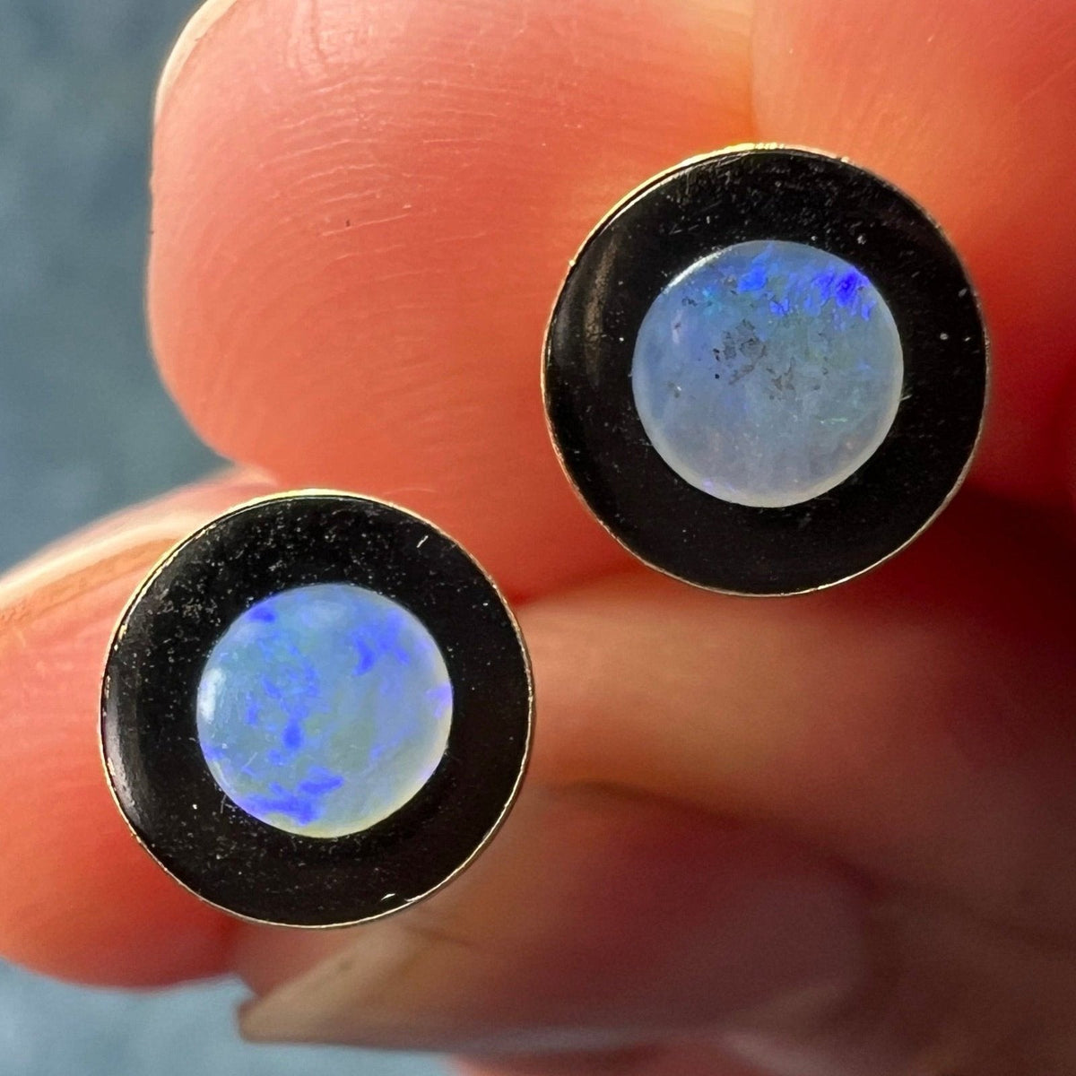 14k Gold Australian Opal Full MOON in Onyx Lunar Earrings **Video**