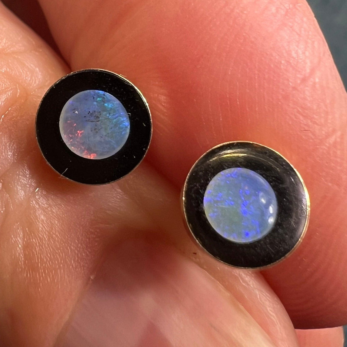 14k Gold Australian Opal Full MOON in Onyx Lunar Earrings **Video**
