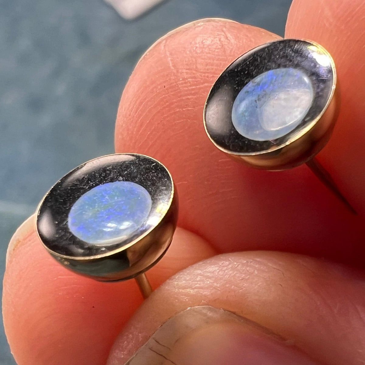 14k Gold Australian Opal Full MOON in Onyx Lunar Earrings **Video**