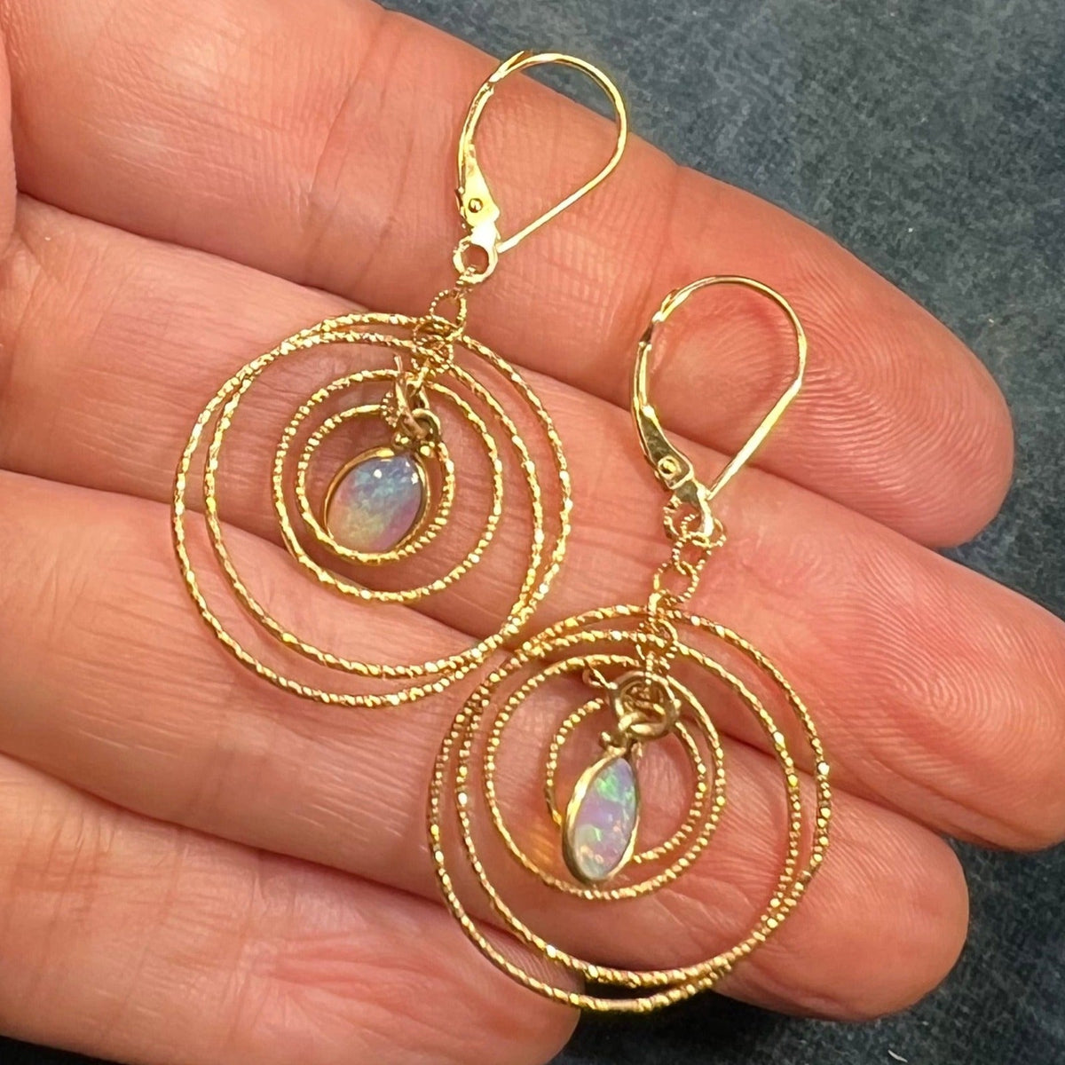 14k Gold Australian Opal Spinning Circles Dangle Earrings *Video*