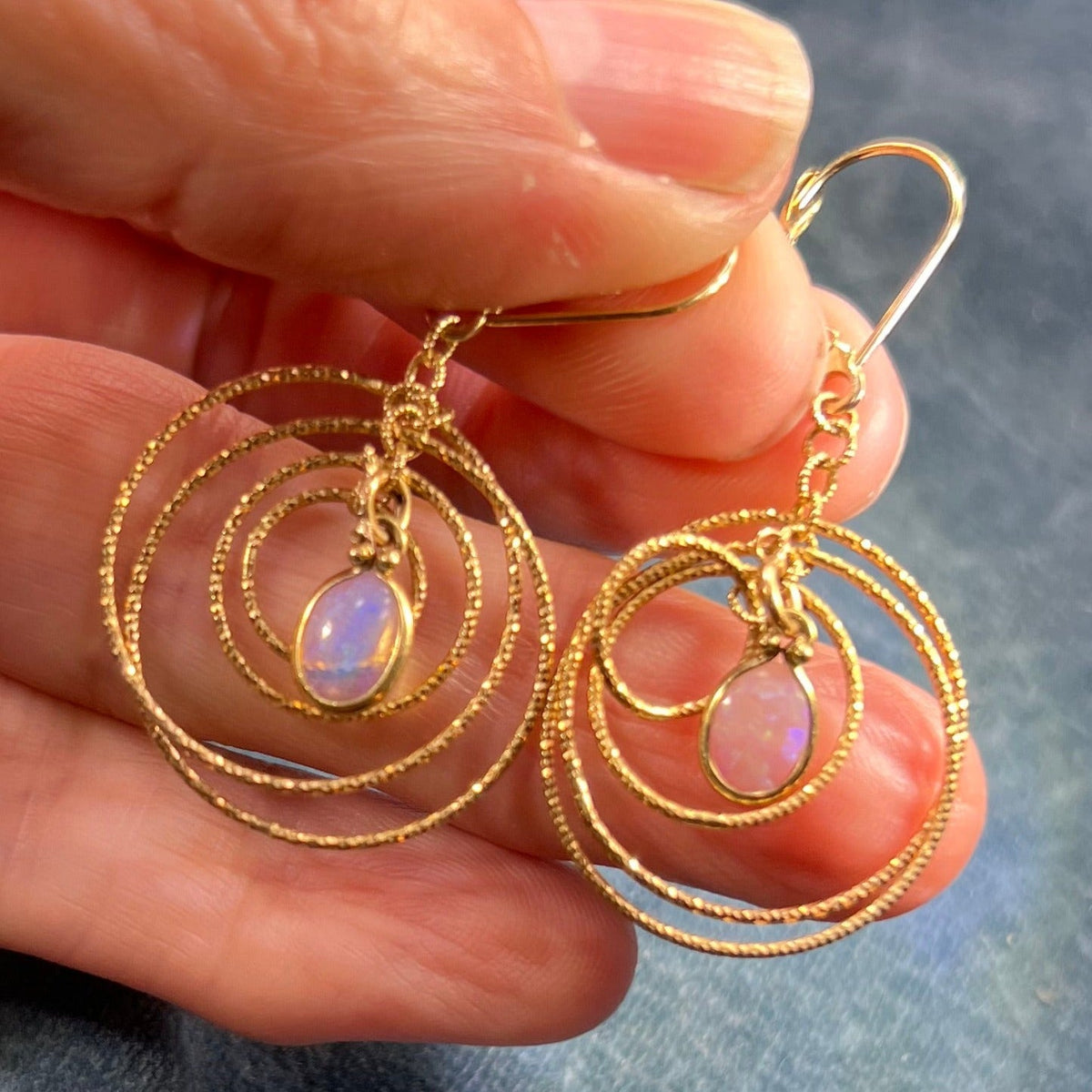 14k Gold Australian Opal Spinning Circles Dangle Earrings *Video*