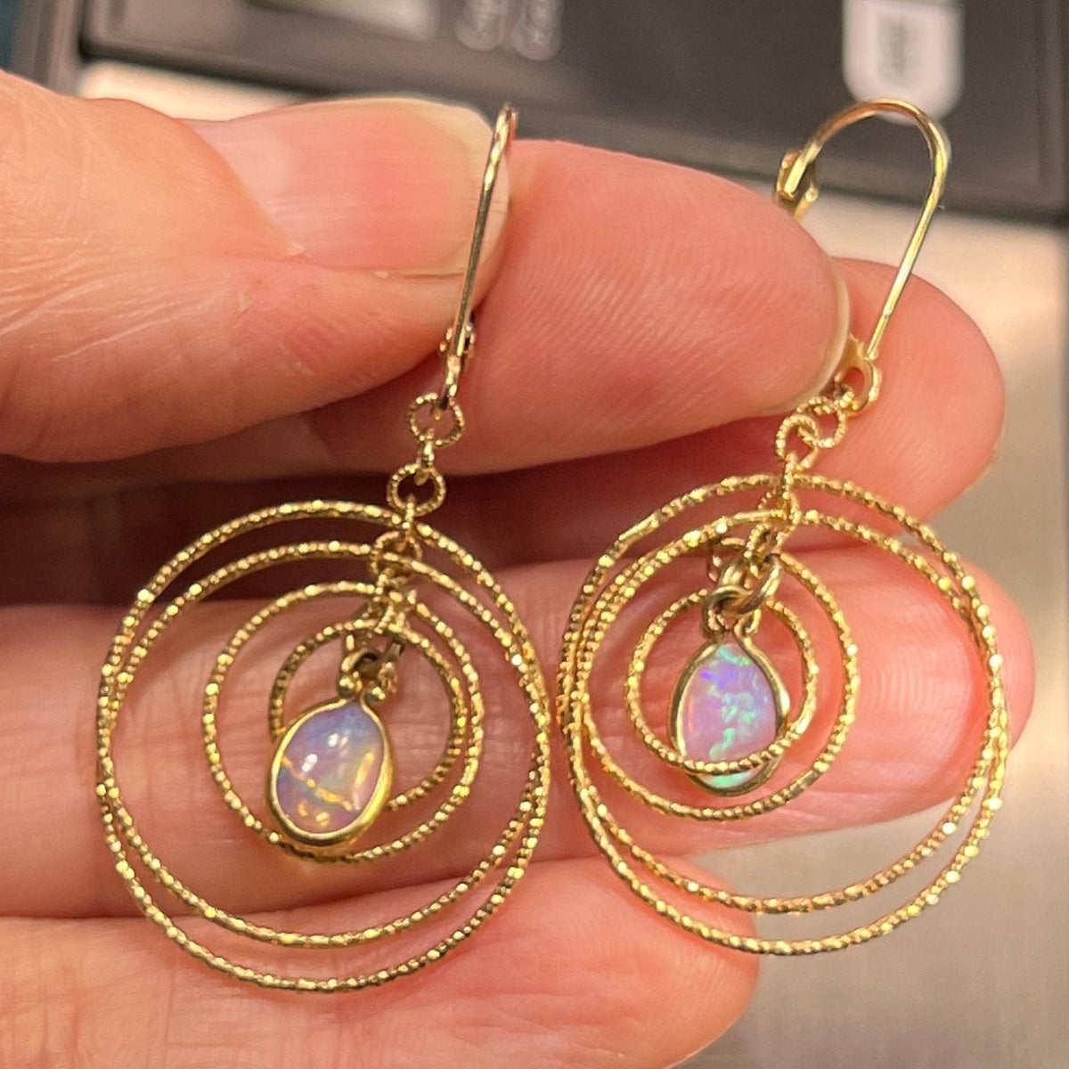 14k Gold Australian Opal Spinning Circles Dangle Earrings *Video*