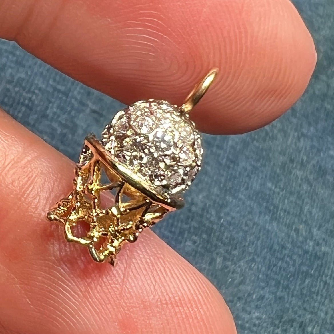 14k Gold BASKETBALL Hoop Pendant w Pave Diamonds. 4 Coach!
