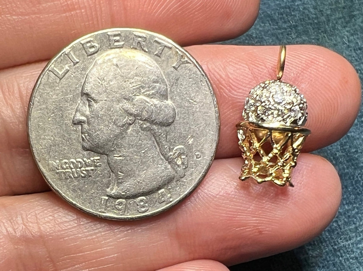 14k Gold BASKETBALL Hoop Pendant w Pave Diamonds. 4 Coach!