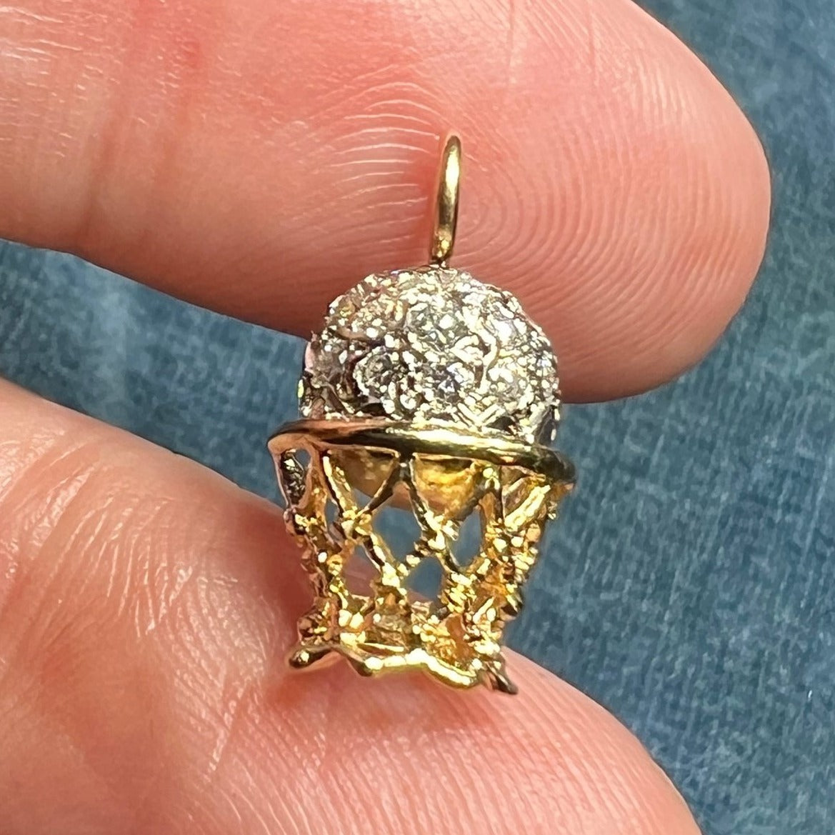 14k Gold BASKETBALL Hoop Pendant w Pave Diamonds. 4 Coach!