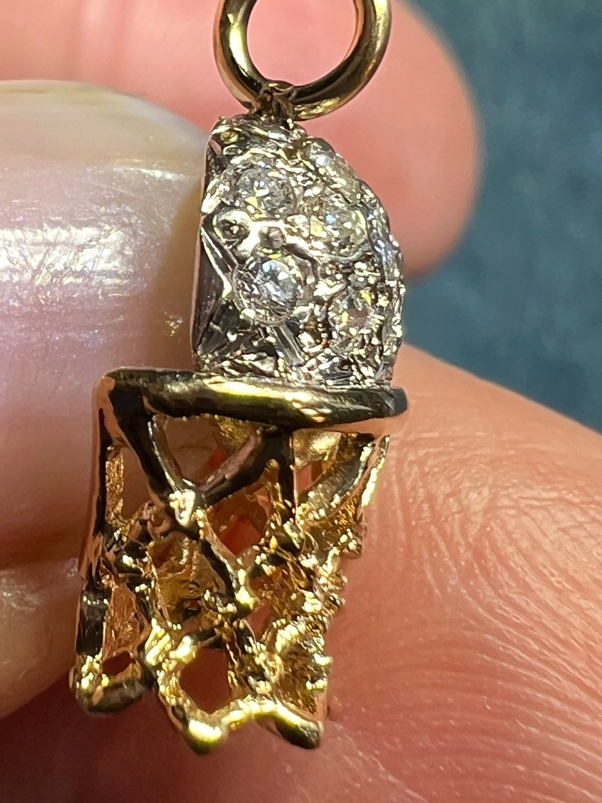 14k Gold BASKETBALL Hoop Pendant w Pave Diamonds. 4 Coach!