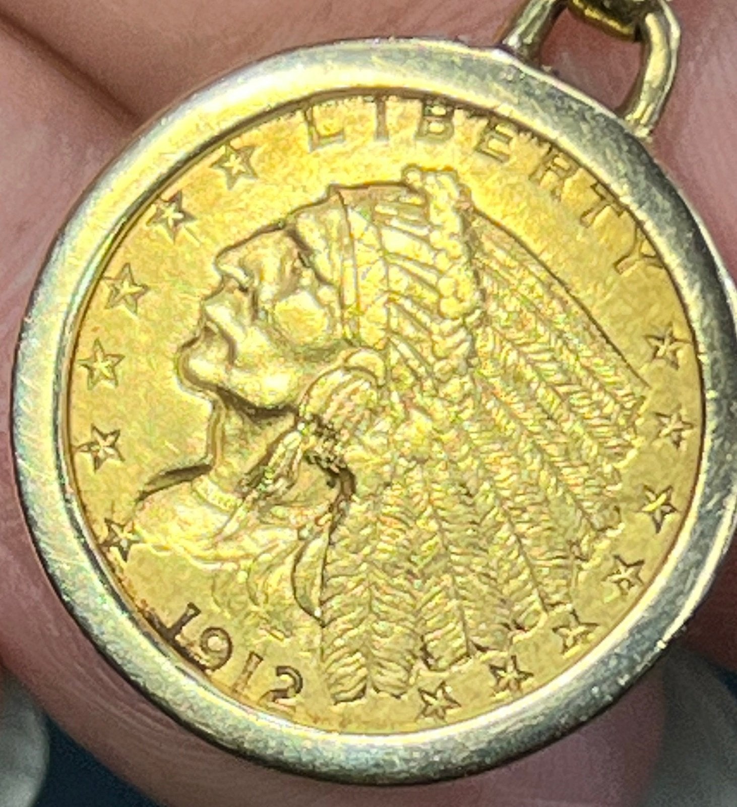 14k Gold Bezel Pendant w Authentic 22k 1912 Indian Head Coin. 6.7g