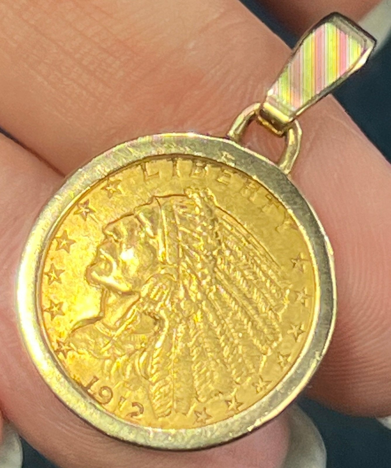 14k Gold Bezel Pendant w Authentic 22k 1912 Indian Head Coin. 6.7g