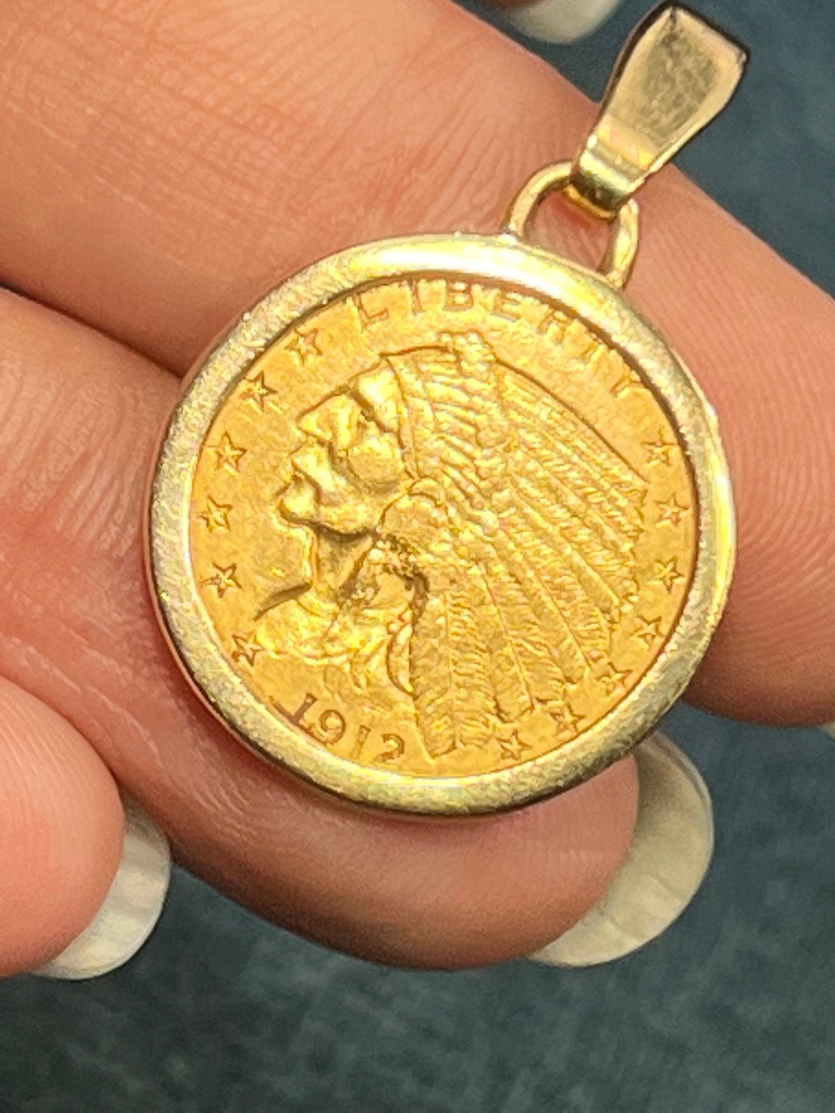 14k Gold Bezel Pendant w Authentic 22k 1912 Indian Head Coin. 6.7g