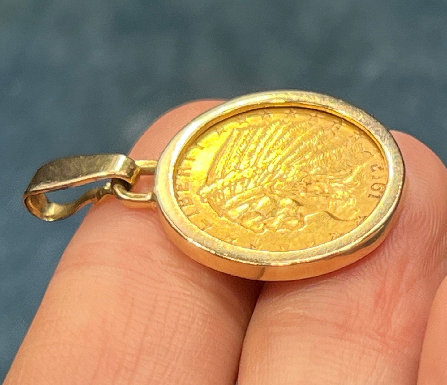 14k Gold Bezel Pendant w Authentic 22k 1912 Indian Head Coin. 6.7g