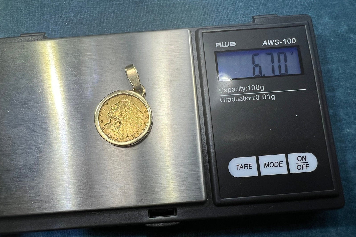 14k Gold Bezel Pendant w Authentic 22k 1912 Indian Head Coin. 6.7g