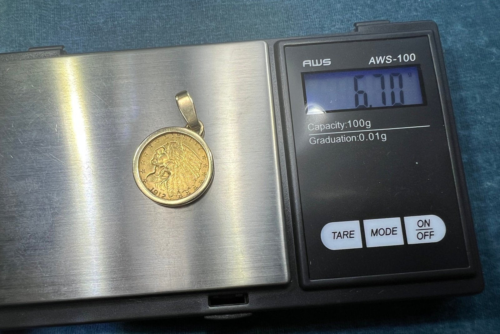 14k Gold Bezel Pendant w Authentic 22k 1912 Indian Head Coin. 6.7g