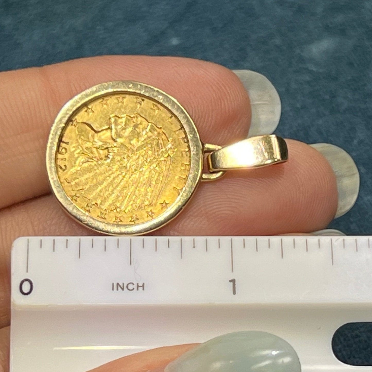 14k Gold Bezel Pendant w Authentic 22k 1912 Indian Head Coin. 6.7g