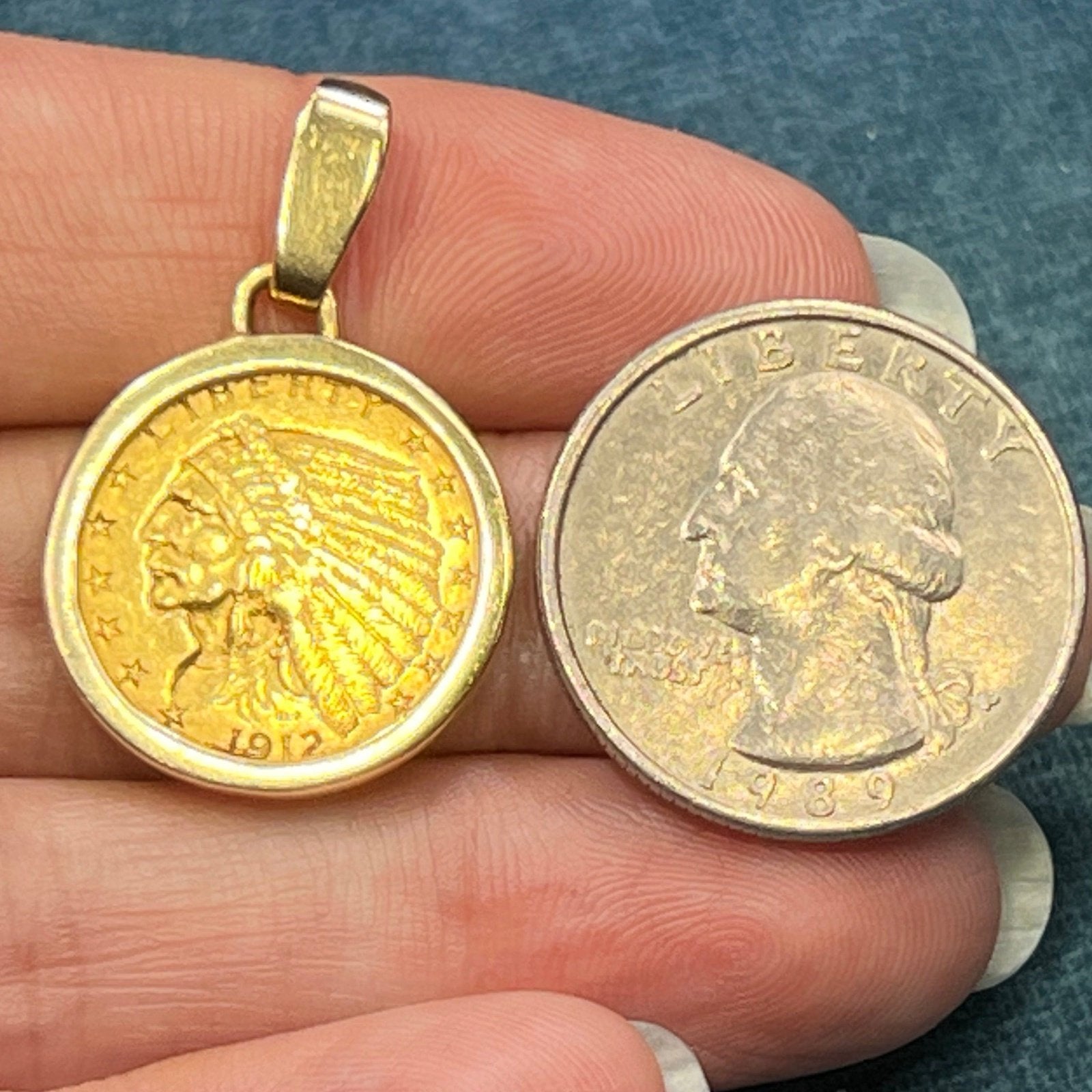 14k Gold Bezel Pendant w Authentic 22k 1912 Indian Head Coin. 6.7g