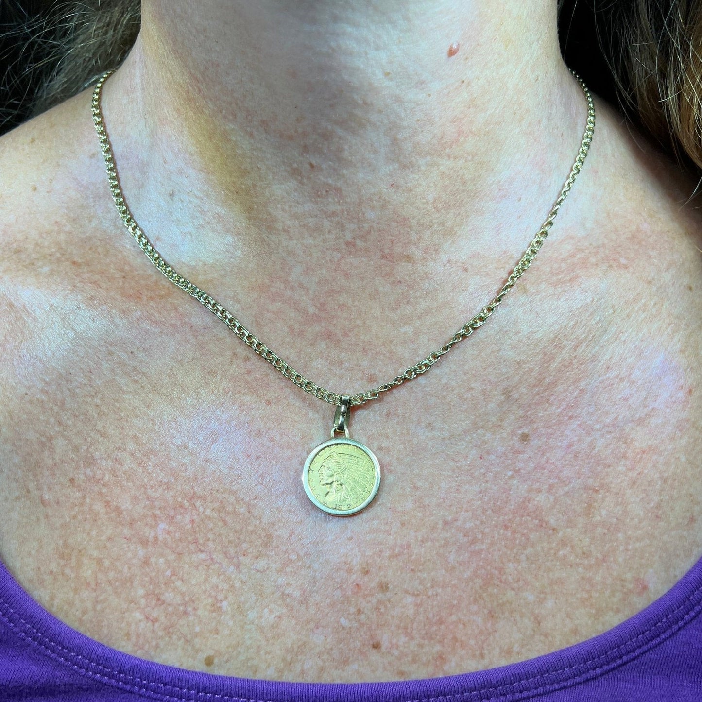 14k Gold Bezel Pendant w Authentic 22k 1912 Indian Head Coin. 6.7g