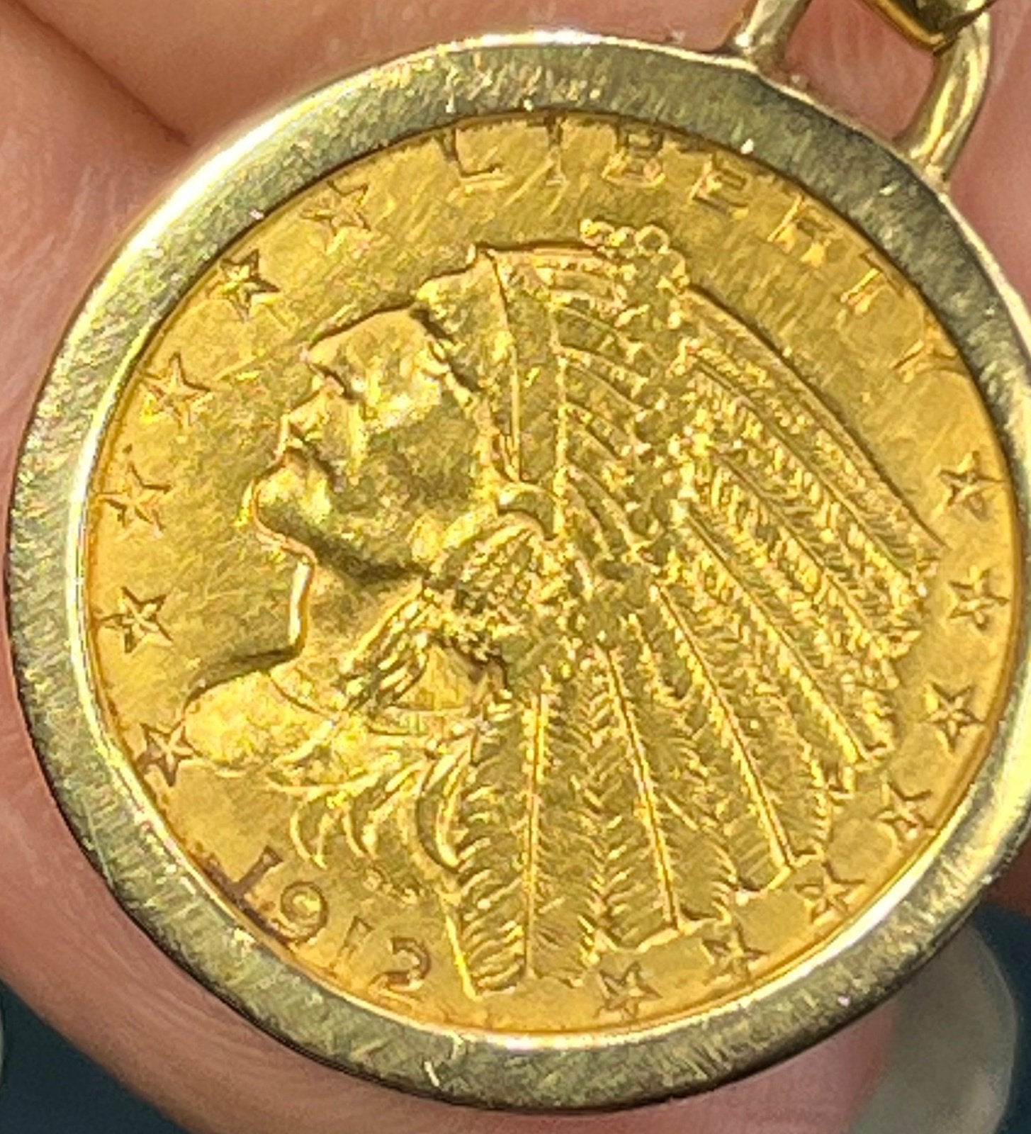 14k Gold Bezel Pendant w Authentic 22k 1912 Indian Head Coin. 6.7g
