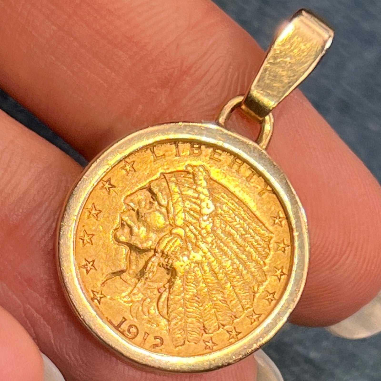 14k Gold Bezel Pendant w Authentic 22k 1912 Indian Head Coin. 6.7g