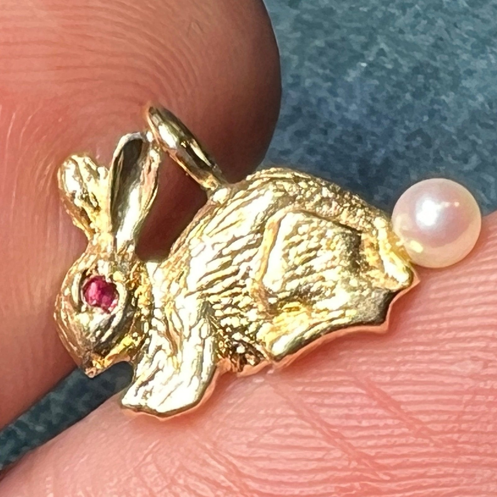 14k Gold Bunny Rabbit Pendant w Pearl Cottontail + Ruby Eye – Sea Green ...