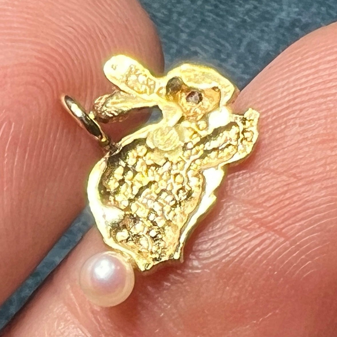 14k Gold Bunny Rabbit Pendant w Pearl Cottontail + Ruby Eye – Sea Green ...